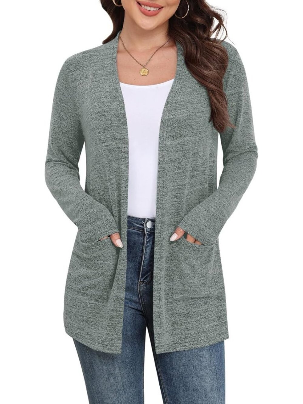 Women's Gray Green Casual Cardigan Long Sleeve Open Front with Pockets Sweater